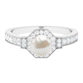 Vintage Inspired Freshwater Pearl Halo Ring with Diamond