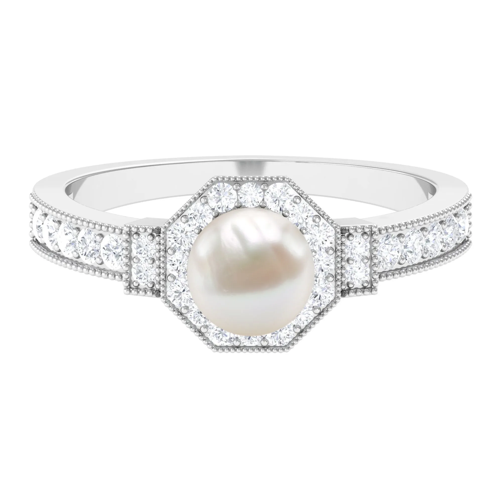 Vintage Inspired Freshwater Pearl Halo Ring with Diamond