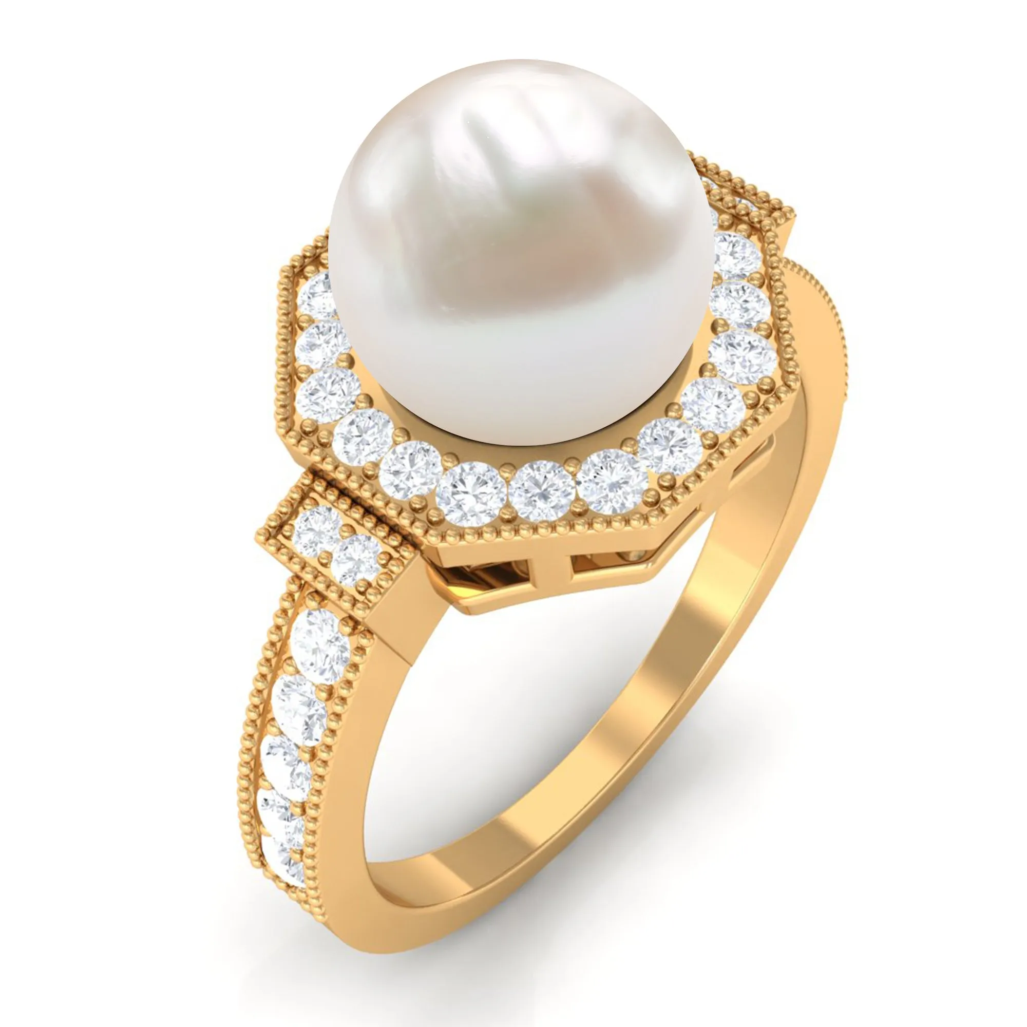 Vintage Inspired Freshwater Pearl Halo Ring with Diamond