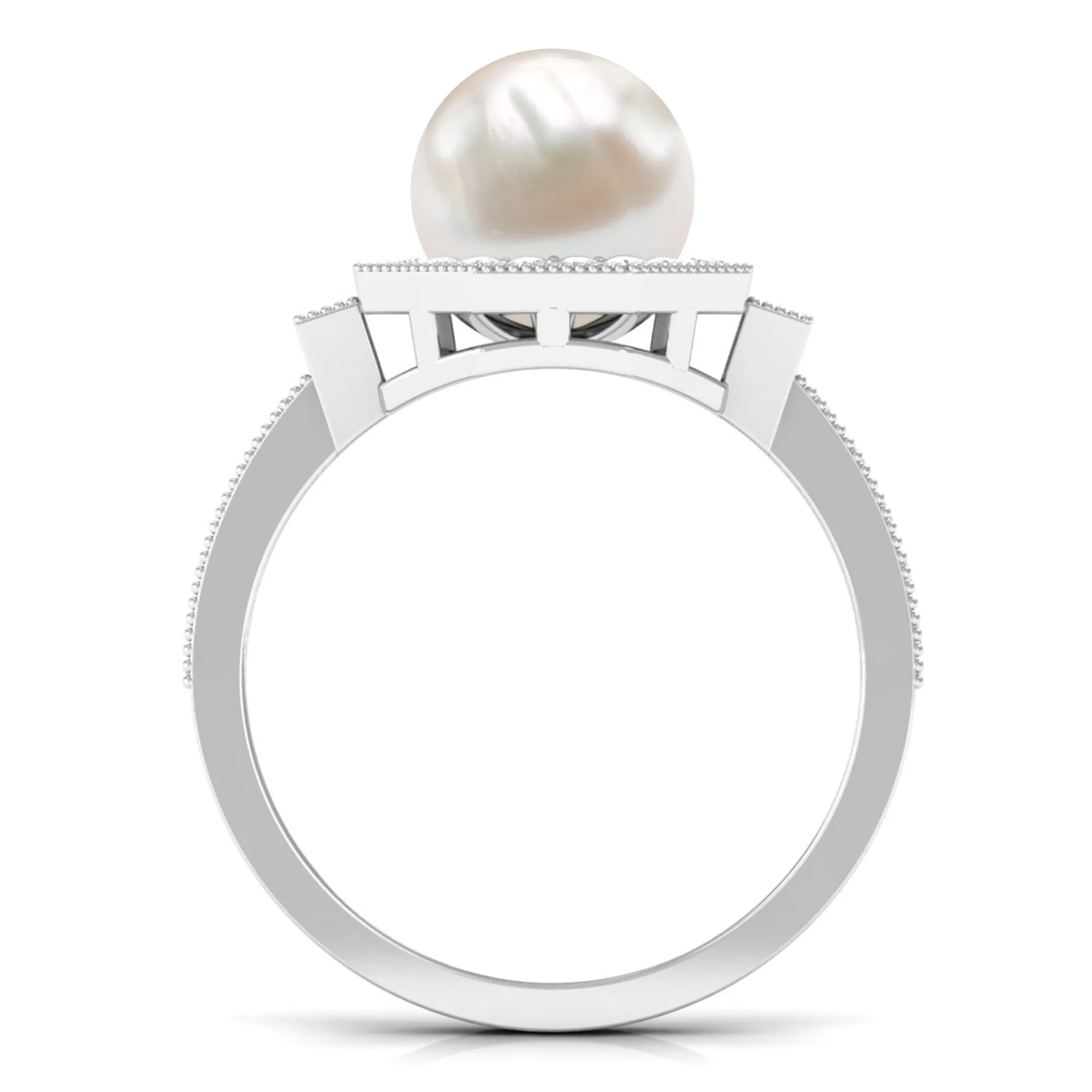 Vintage Inspired Freshwater Pearl Halo Ring with Diamond