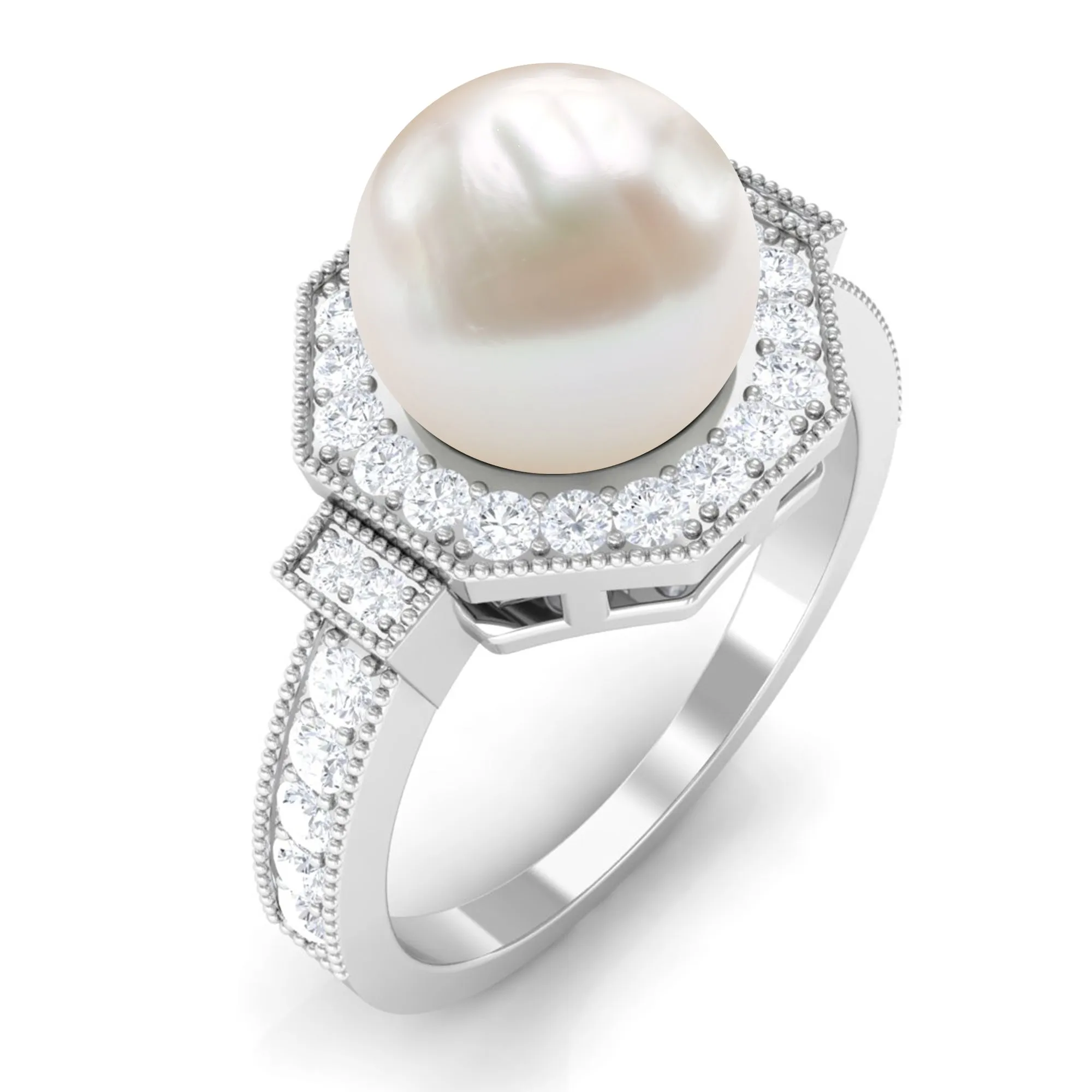 Vintage Inspired Freshwater Pearl Halo Ring with Diamond