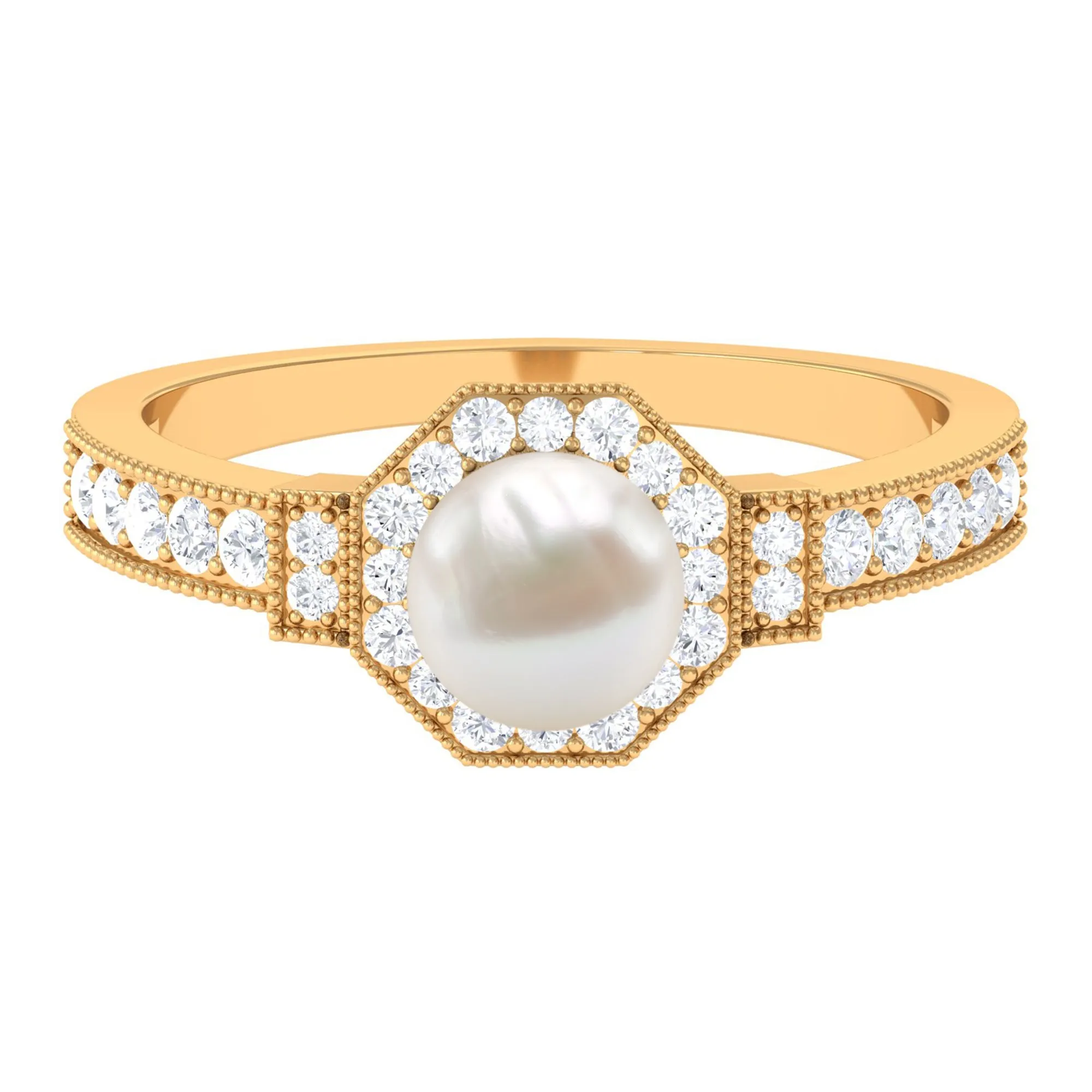 Vintage Inspired Freshwater Pearl Halo Ring with Diamond