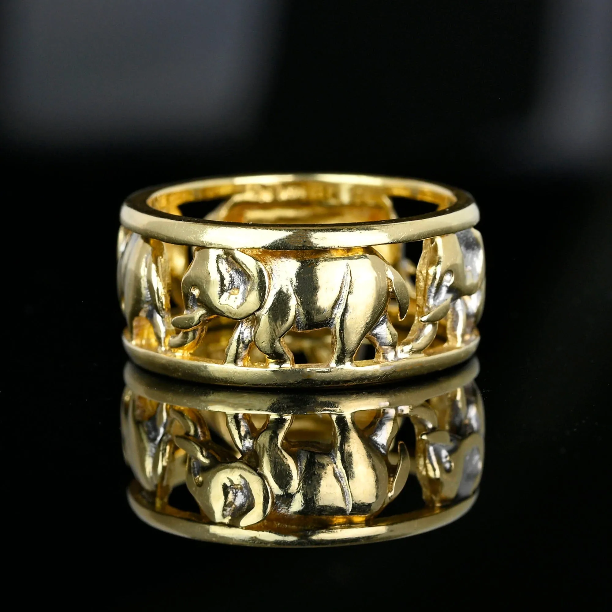 Vintage Wide 14K Gold Cutout Elephant Ring Band