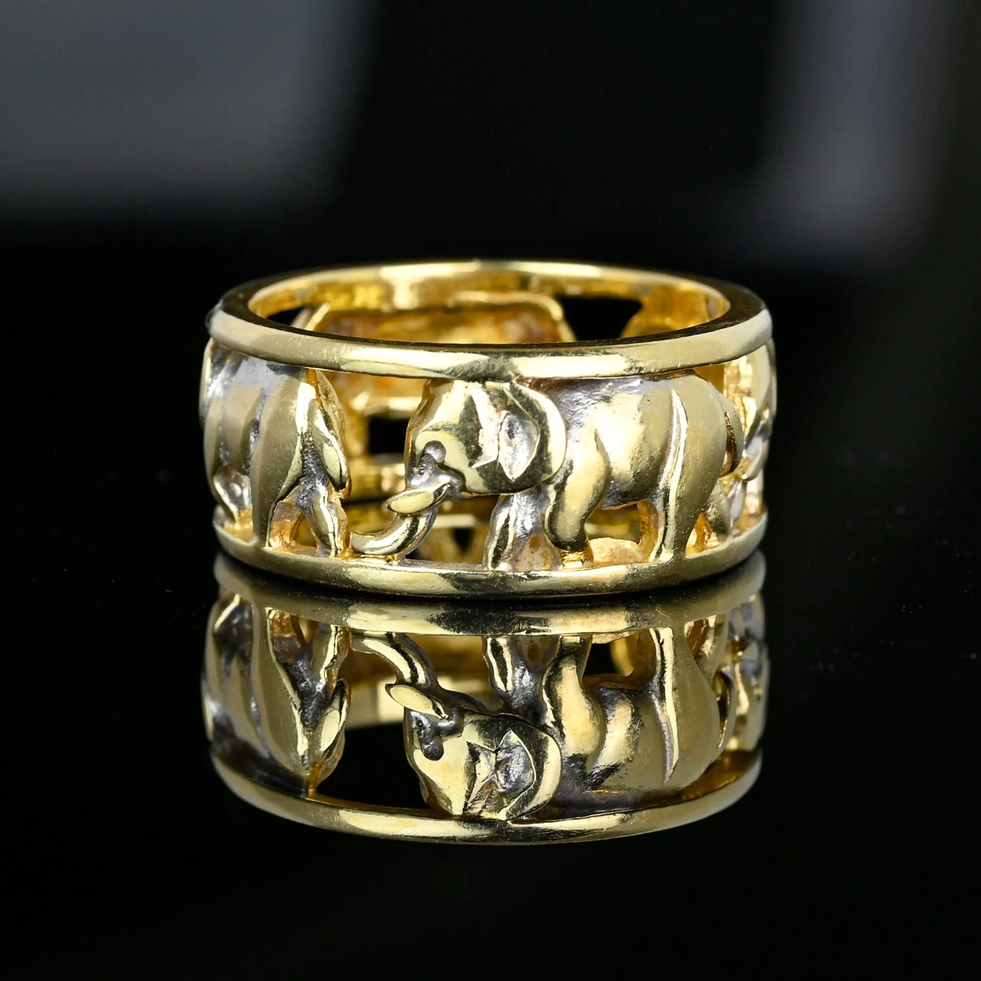 Vintage Wide 14K Gold Cutout Elephant Ring Band