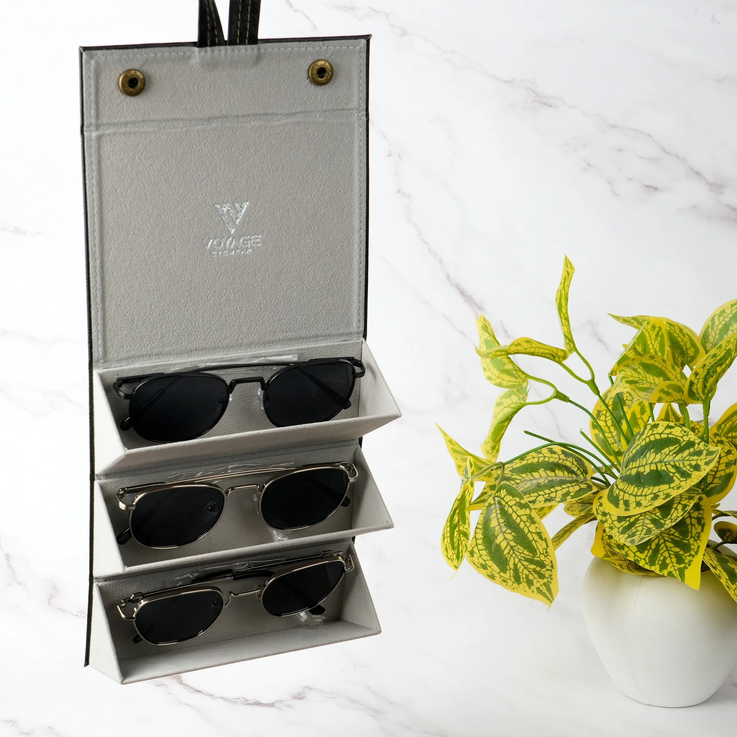 Voyage Black Sunglasses or Eyeglasses 3 Compartment Storage Box