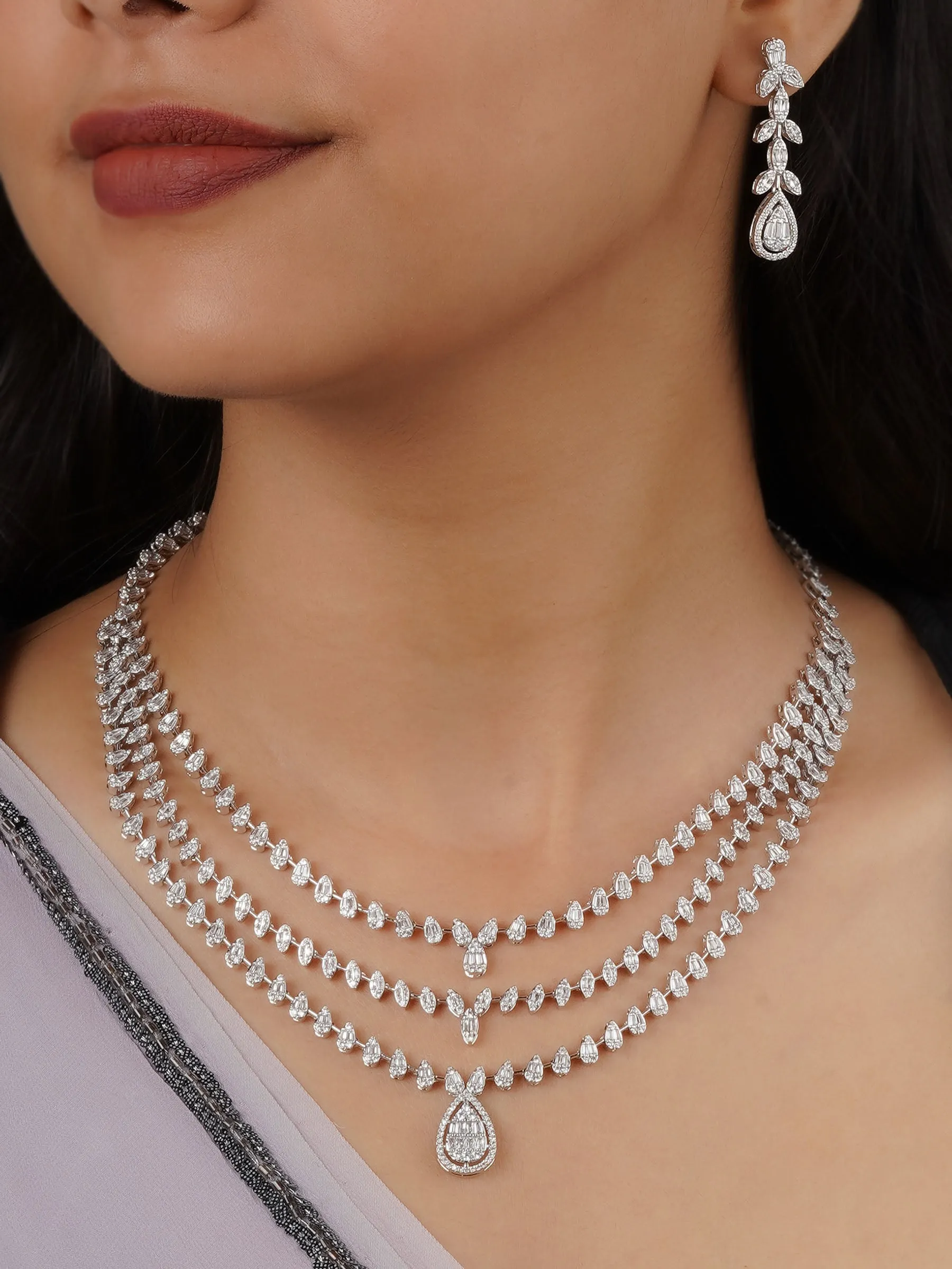 White Color Silver Plated Faux Diamond Necklace Set - CZSET341