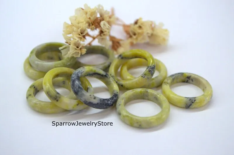 Yellow green jasper solid ring band Whole gemstone ring Pagan boho unisex ring Chakra gift Personalized gift for him  Healing stackable ring