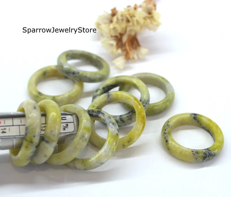 Yellow green jasper solid ring band Whole gemstone ring Pagan boho unisex ring Chakra gift Personalized gift for him  Healing stackable ring